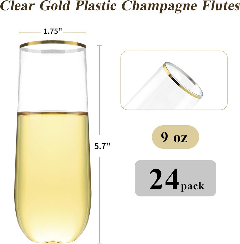 Bestluck 24 Pack 9 oz Stemless Plastic Champagne Flutes, Clear Disposable Champagne Glasses Gold Rim, Shatterproof and BPA-Free Drinkware for Party & Graduation & Wedding - Image 2